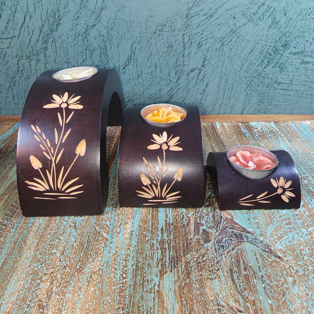 Set Of 3 Carved Wood Arched Candle Holders Floral Rustic Natural Tealight Decor